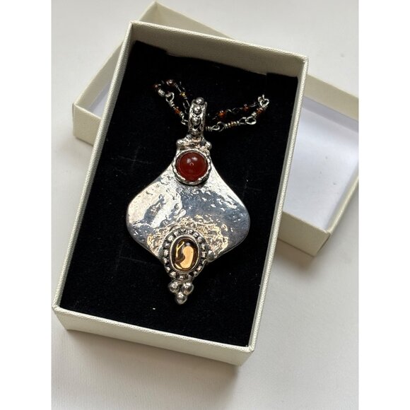 Handcrafted Sterling Silver Pendant Necklace With Amber Bead Chain & Carnelian G - Picture 2 of 7